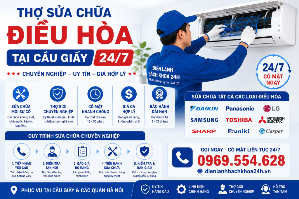 Thợ sửa chữa điều hòa tại Cầu Giấy 24/7 chuyên nghiệp